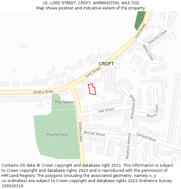 16, LORD STREET, CROFT, WARRINGTON, WA3 7DD: Location map and indicative extent of plot