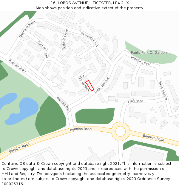 16, LORDS AVENUE, LEICESTER, LE4 2HX: Location map and indicative extent of plot