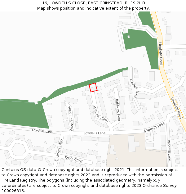 16, LOWDELLS CLOSE, EAST GRINSTEAD, RH19 2HB: Location map and indicative extent of plot