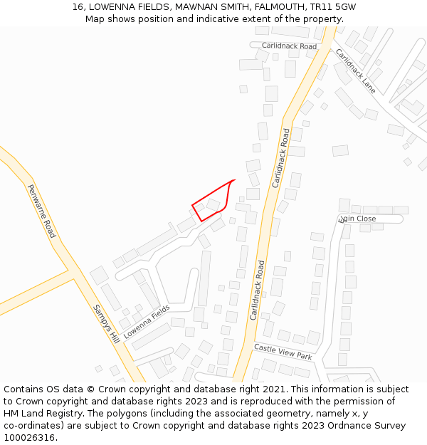 16, LOWENNA FIELDS, MAWNAN SMITH, FALMOUTH, TR11 5GW: Location map and indicative extent of plot