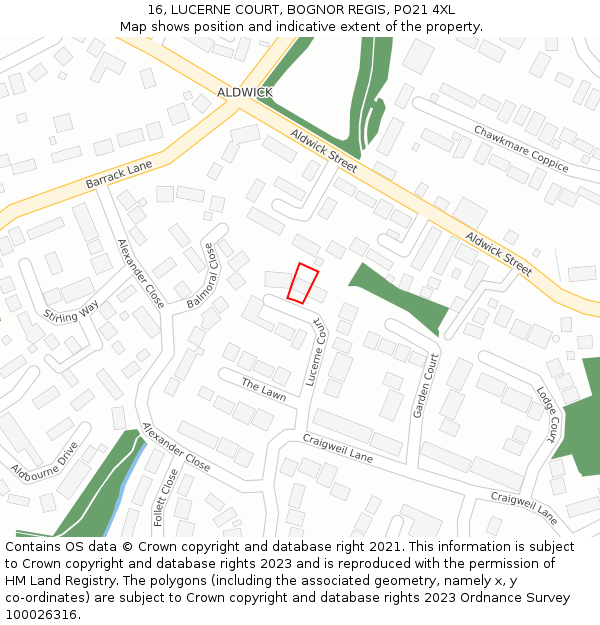 16, LUCERNE COURT, BOGNOR REGIS, PO21 4XL: Location map and indicative extent of plot