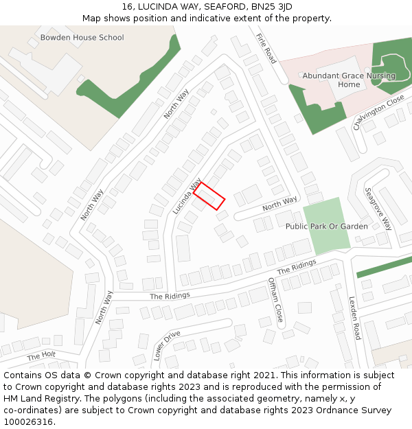 16, LUCINDA WAY, SEAFORD, BN25 3JD: Location map and indicative extent of plot