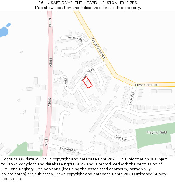 16, LUSART DRIVE, THE LIZARD, HELSTON, TR12 7RS: Location map and indicative extent of plot