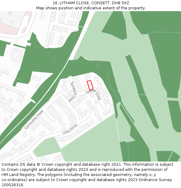 16, LYTHAM CLOSE, CONSETT, DH8 5XZ: Location map and indicative extent of plot