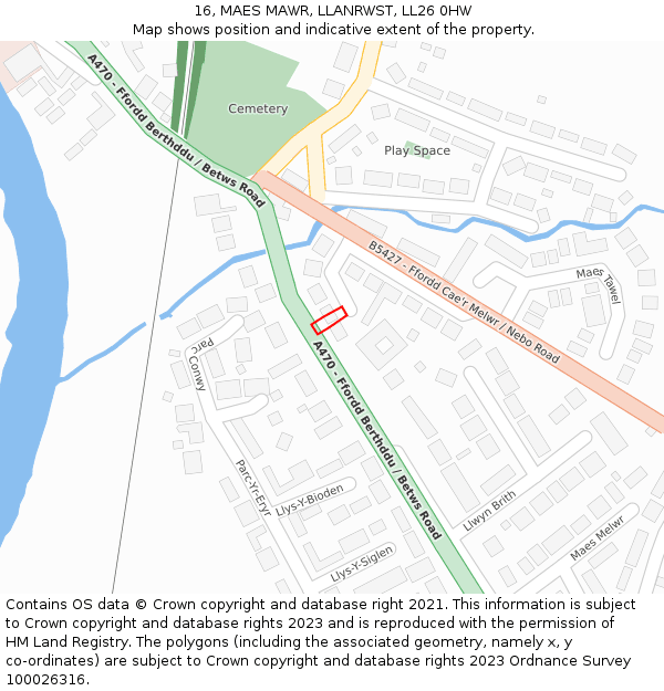 16, MAES MAWR, LLANRWST, LL26 0HW: Location map and indicative extent of plot