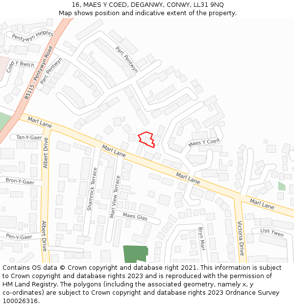 16, MAES Y COED, DEGANWY, CONWY, LL31 9NQ: Location map and indicative extent of plot