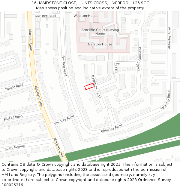 16, MAIDSTONE CLOSE, HUNTS CROSS, LIVERPOOL, L25 9GG: Location map and indicative extent of plot