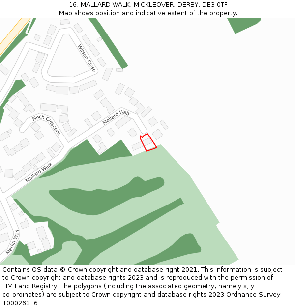 16, MALLARD WALK, MICKLEOVER, DERBY, DE3 0TF: Location map and indicative extent of plot