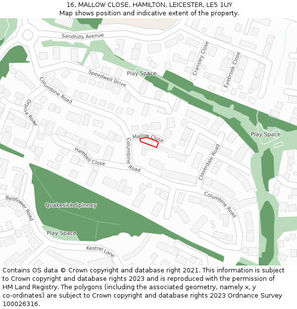 16, MALLOW CLOSE, HAMILTON, LEICESTER, LE5 1UY: Location map and indicative extent of plot