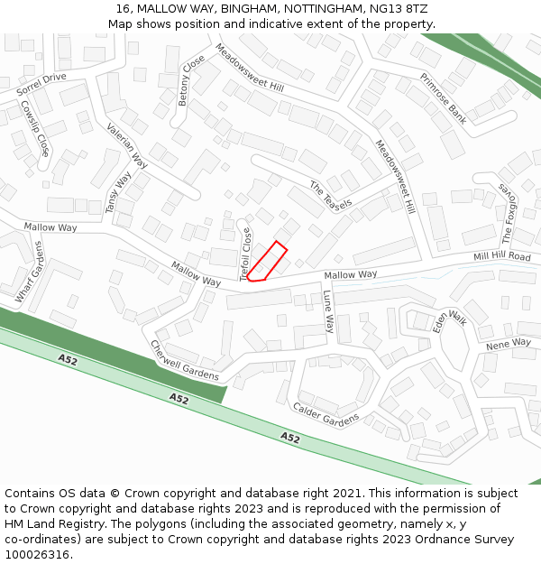 16, MALLOW WAY, BINGHAM, NOTTINGHAM, NG13 8TZ: Location map and indicative extent of plot