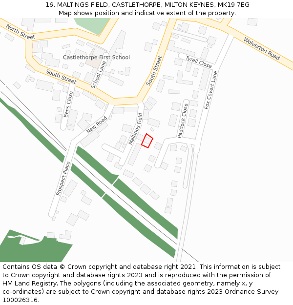 16, MALTINGS FIELD, CASTLETHORPE, MILTON KEYNES, MK19 7EG: Location map and indicative extent of plot