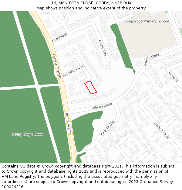 16, MANITOBA CLOSE, CORBY, NN18 9HX: Location map and indicative extent of plot