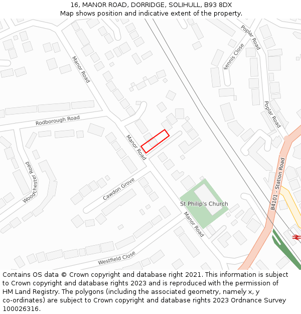 16, MANOR ROAD, DORRIDGE, SOLIHULL, B93 8DX: Location map and indicative extent of plot