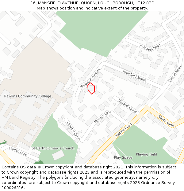 16, MANSFIELD AVENUE, QUORN, LOUGHBOROUGH, LE12 8BD: Location map and indicative extent of plot