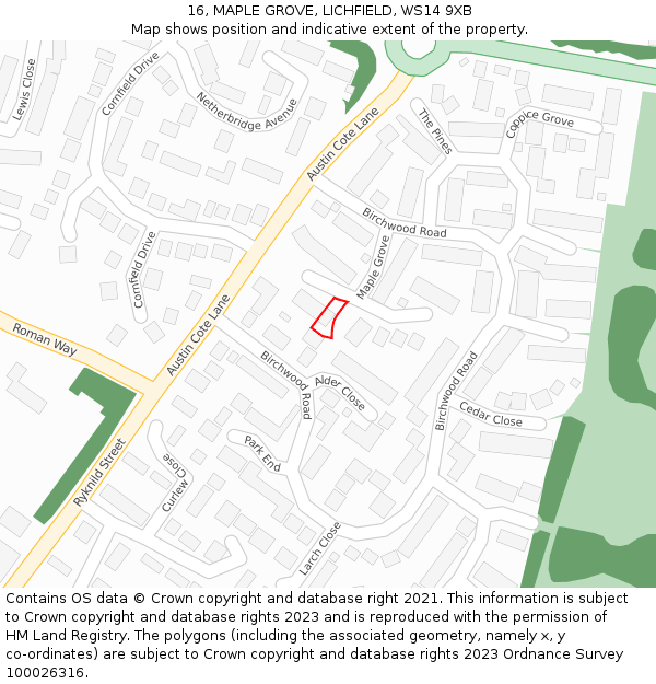 16, MAPLE GROVE, LICHFIELD, WS14 9XB: Location map and indicative extent of plot