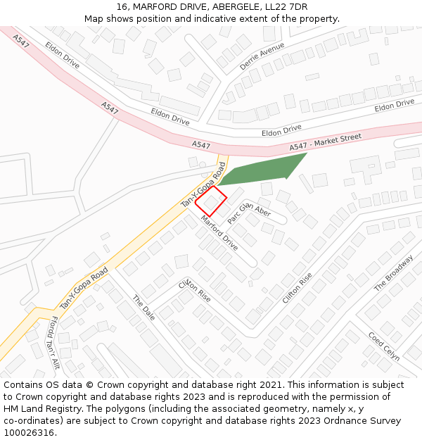 16, MARFORD DRIVE, ABERGELE, LL22 7DR: Location map and indicative extent of plot