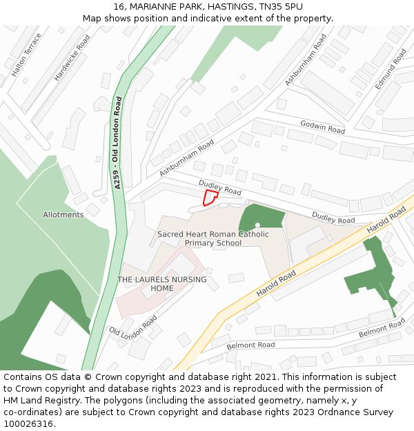 16, MARIANNE PARK, HASTINGS, TN35 5PU: Location map and indicative extent of plot