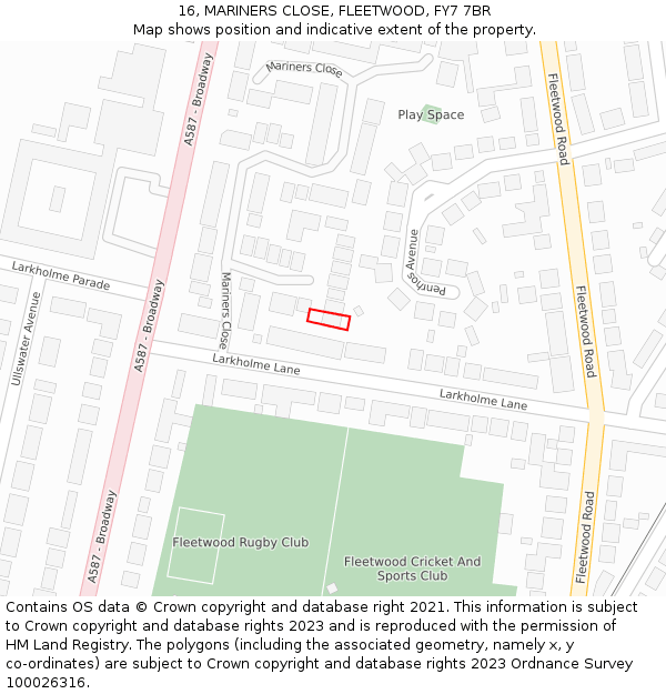 16, MARINERS CLOSE, FLEETWOOD, FY7 7BR: Location map and indicative extent of plot