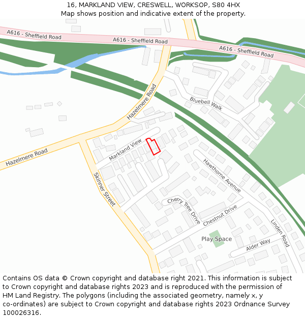 16, MARKLAND VIEW, CRESWELL, WORKSOP, S80 4HX: Location map and indicative extent of plot