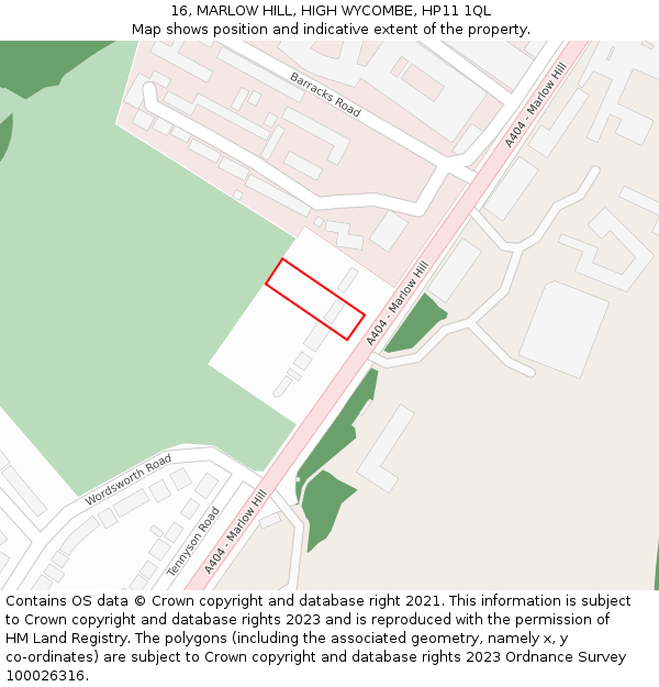 16, MARLOW HILL, HIGH WYCOMBE, HP11 1QL: Location map and indicative extent of plot