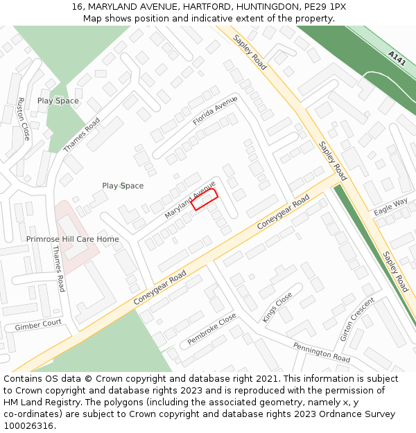 16, MARYLAND AVENUE, HARTFORD, HUNTINGDON, PE29 1PX: Location map and indicative extent of plot