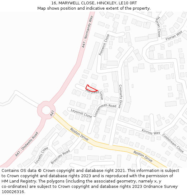 16, MARYWELL CLOSE, HINCKLEY, LE10 0RT: Location map and indicative extent of plot