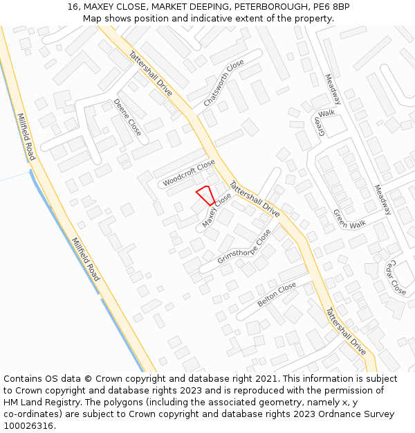 16, MAXEY CLOSE, MARKET DEEPING, PETERBOROUGH, PE6 8BP: Location map and indicative extent of plot
