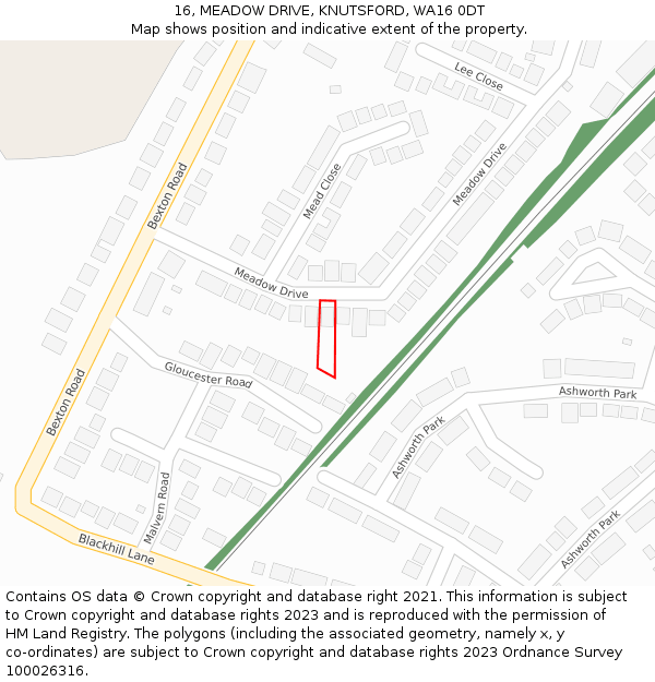 16, MEADOW DRIVE, KNUTSFORD, WA16 0DT: Location map and indicative extent of plot