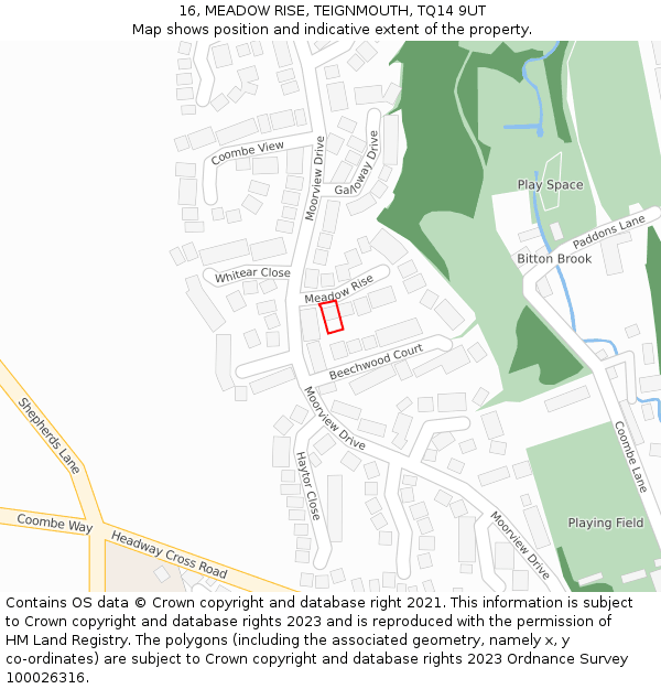 16, MEADOW RISE, TEIGNMOUTH, TQ14 9UT: Location map and indicative extent of plot