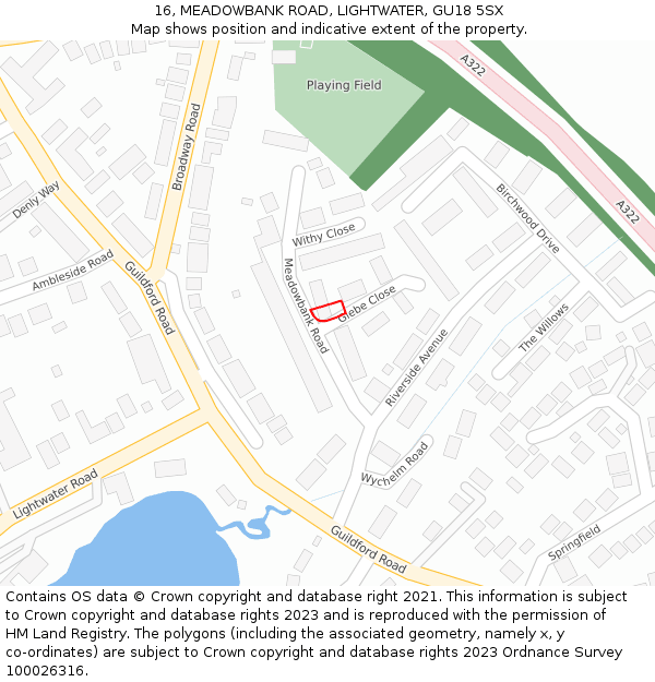 16, MEADOWBANK ROAD, LIGHTWATER, GU18 5SX: Location map and indicative extent of plot