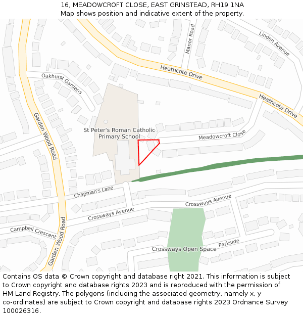 16, MEADOWCROFT CLOSE, EAST GRINSTEAD, RH19 1NA: Location map and indicative extent of plot