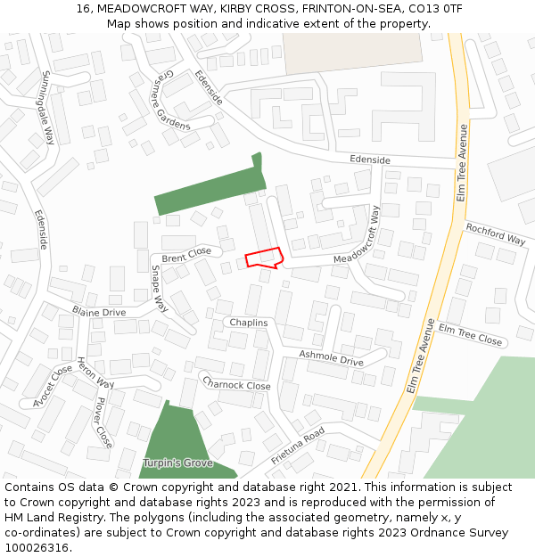 16, MEADOWCROFT WAY, KIRBY CROSS, FRINTON-ON-SEA, CO13 0TF: Location map and indicative extent of plot