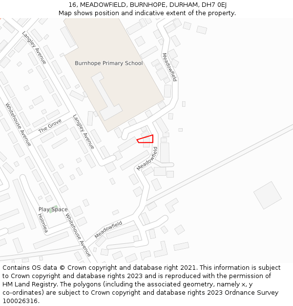 16, MEADOWFIELD, BURNHOPE, DURHAM, DH7 0EJ: Location map and indicative extent of plot