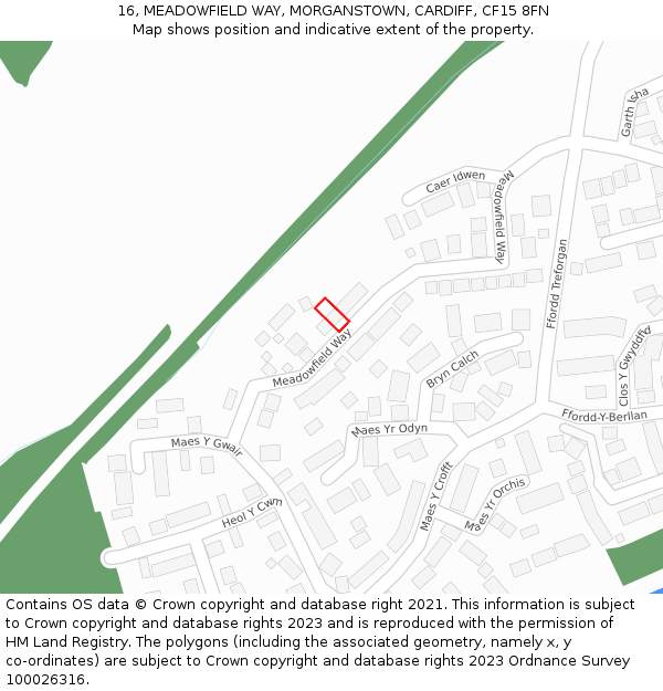 16, MEADOWFIELD WAY, MORGANSTOWN, CARDIFF, CF15 8FN: Location map and indicative extent of plot