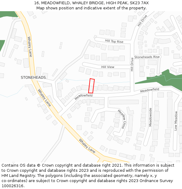 16, MEADOWFIELD, WHALEY BRIDGE, HIGH PEAK, SK23 7AX: Location map and indicative extent of plot