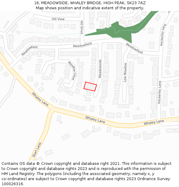 16, MEADOWSIDE, WHALEY BRIDGE, HIGH PEAK, SK23 7AZ: Location map and indicative extent of plot