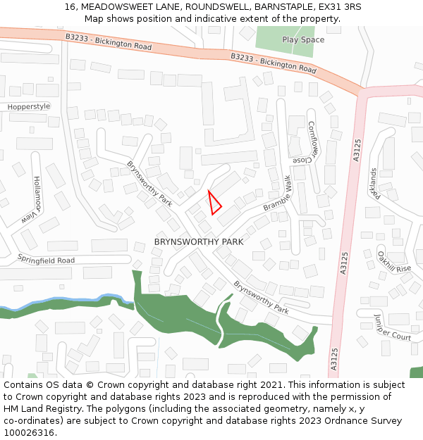 16, MEADOWSWEET LANE, ROUNDSWELL, BARNSTAPLE, EX31 3RS: Location map and indicative extent of plot