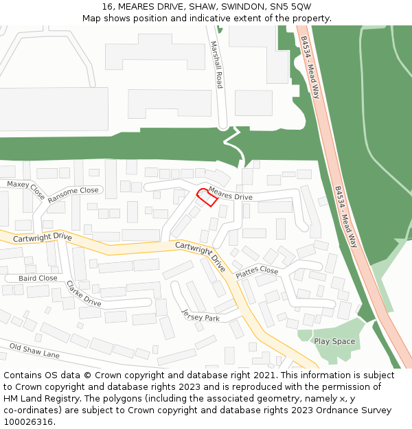 16, MEARES DRIVE, SHAW, SWINDON, SN5 5QW: Location map and indicative extent of plot