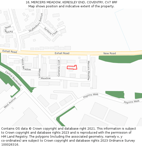 16, MERCERS MEADOW, KERESLEY END, COVENTRY, CV7 8RF: Location map and indicative extent of plot
