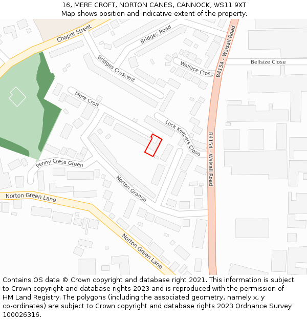 16, MERE CROFT, NORTON CANES, CANNOCK, WS11 9XT: Location map and indicative extent of plot