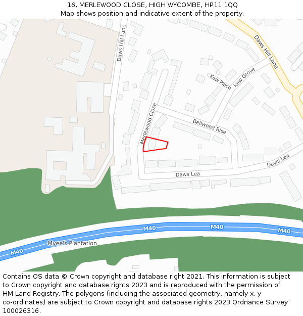 16, MERLEWOOD CLOSE, HIGH WYCOMBE, HP11 1QQ: Location map and indicative extent of plot