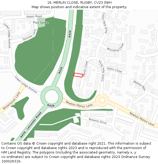 16, MERLIN CLOSE, RUGBY, CV23 0WH: Location map and indicative extent of plot