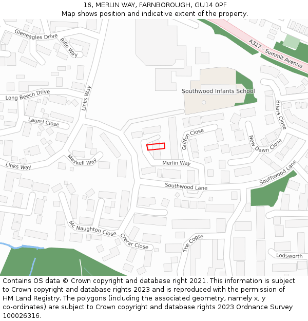 16, MERLIN WAY, FARNBOROUGH, GU14 0PF: Location map and indicative extent of plot