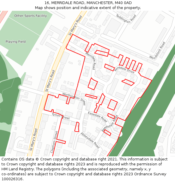 16, MERRIDALE ROAD, MANCHESTER, M40 0AD: Location map and indicative extent of plot