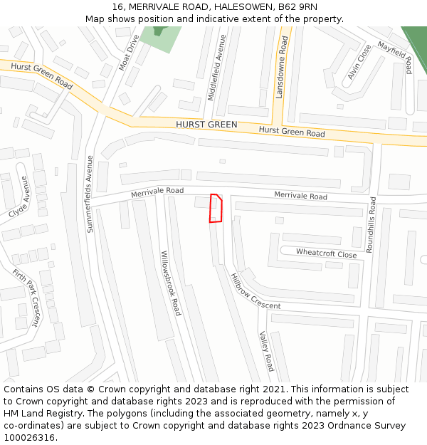 16, MERRIVALE ROAD, HALESOWEN, B62 9RN: Location map and indicative extent of plot