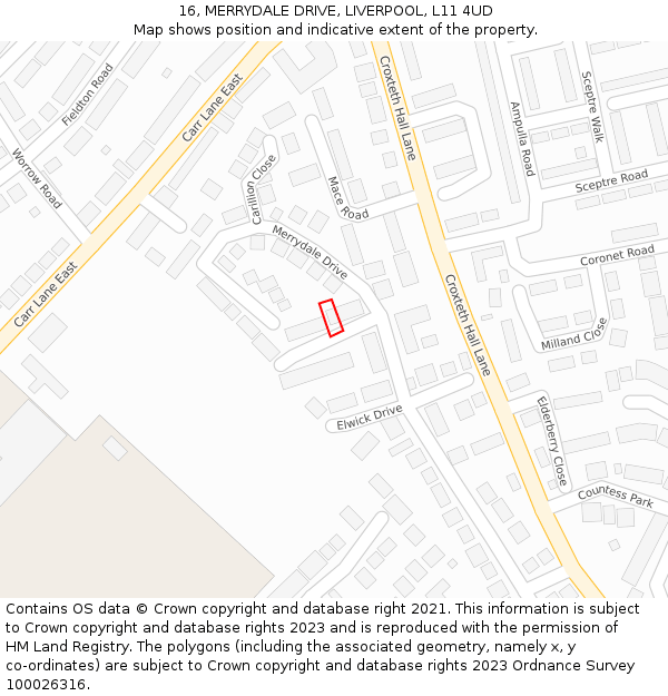 16, MERRYDALE DRIVE, LIVERPOOL, L11 4UD: Location map and indicative extent of plot