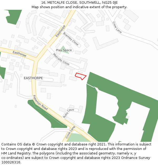 16, METCALFE CLOSE, SOUTHWELL, NG25 0JE: Location map and indicative extent of plot