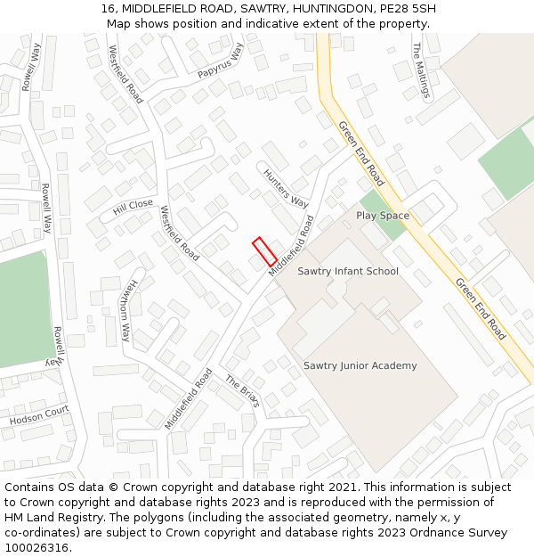 16, MIDDLEFIELD ROAD, SAWTRY, HUNTINGDON, PE28 5SH: Location map and indicative extent of plot