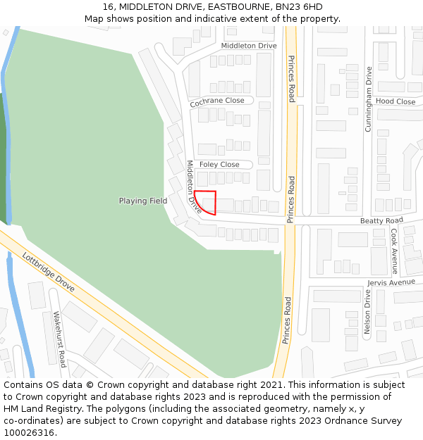 16, MIDDLETON DRIVE, EASTBOURNE, BN23 6HD: Location map and indicative extent of plot