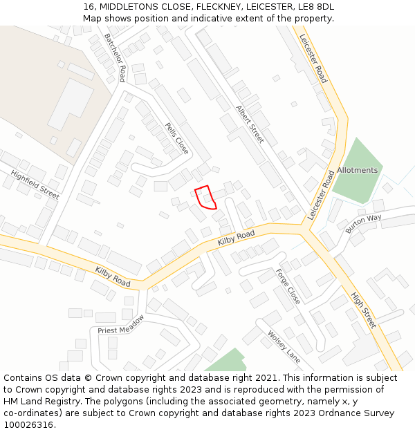 16, MIDDLETONS CLOSE, FLECKNEY, LEICESTER, LE8 8DL: Location map and indicative extent of plot